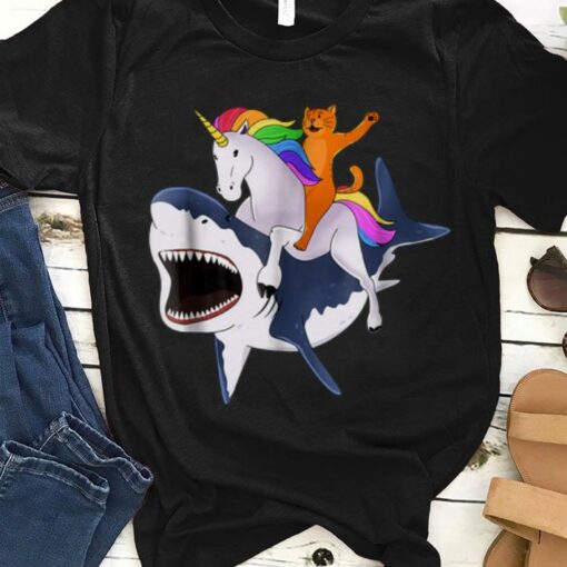 cat riding a shark t shirt
